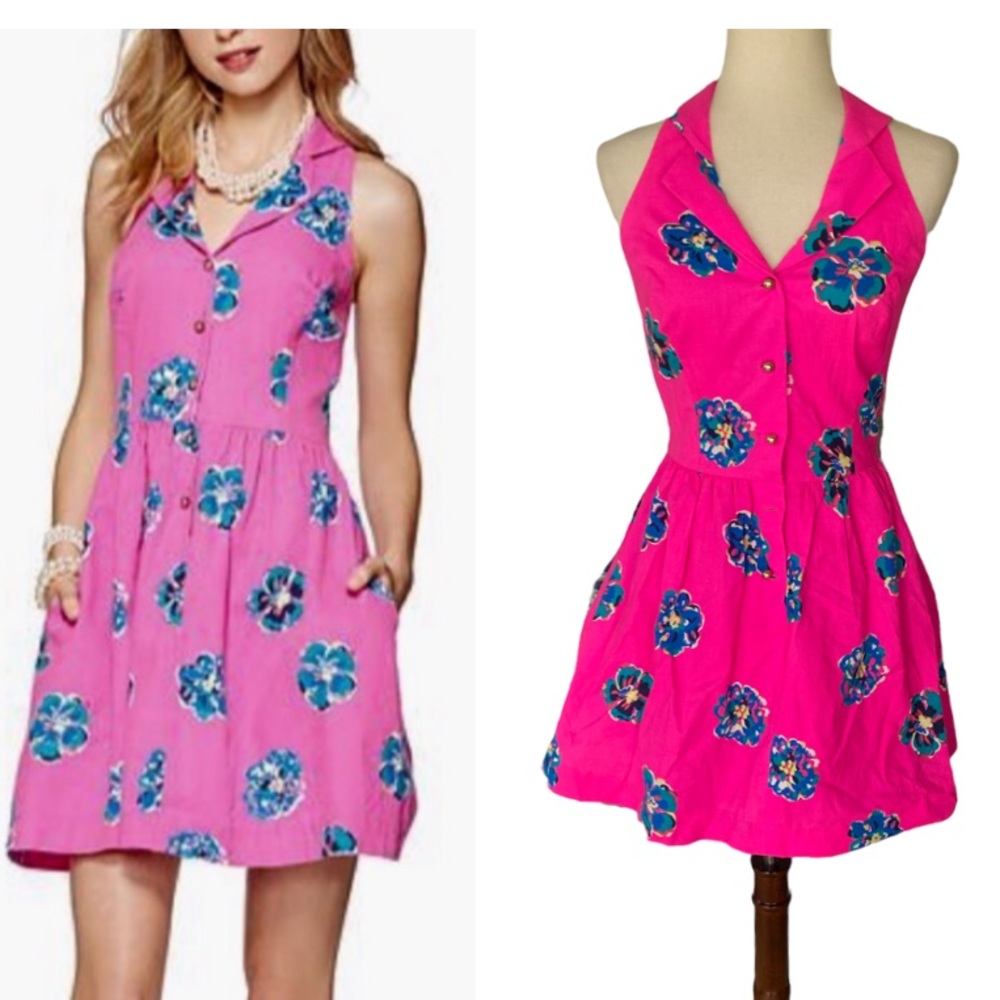 Lilly Pulitzer Sherlynn Mambo Pink Fit Flare Floral Halter Vintage Mini Dress  0